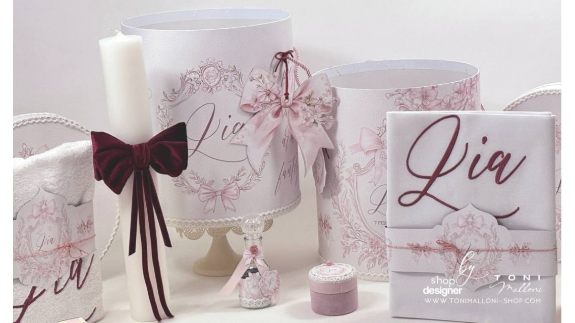 Lumânare botez albă Stâlp 40x8 cm fundă catifea burgundy Pink Bow 9